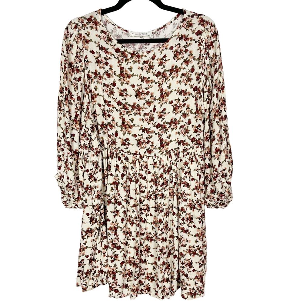 Audrey 3+1 Medium M Cream Red Floral Printed Dress 3/4 Sleeves Pleated Skirt